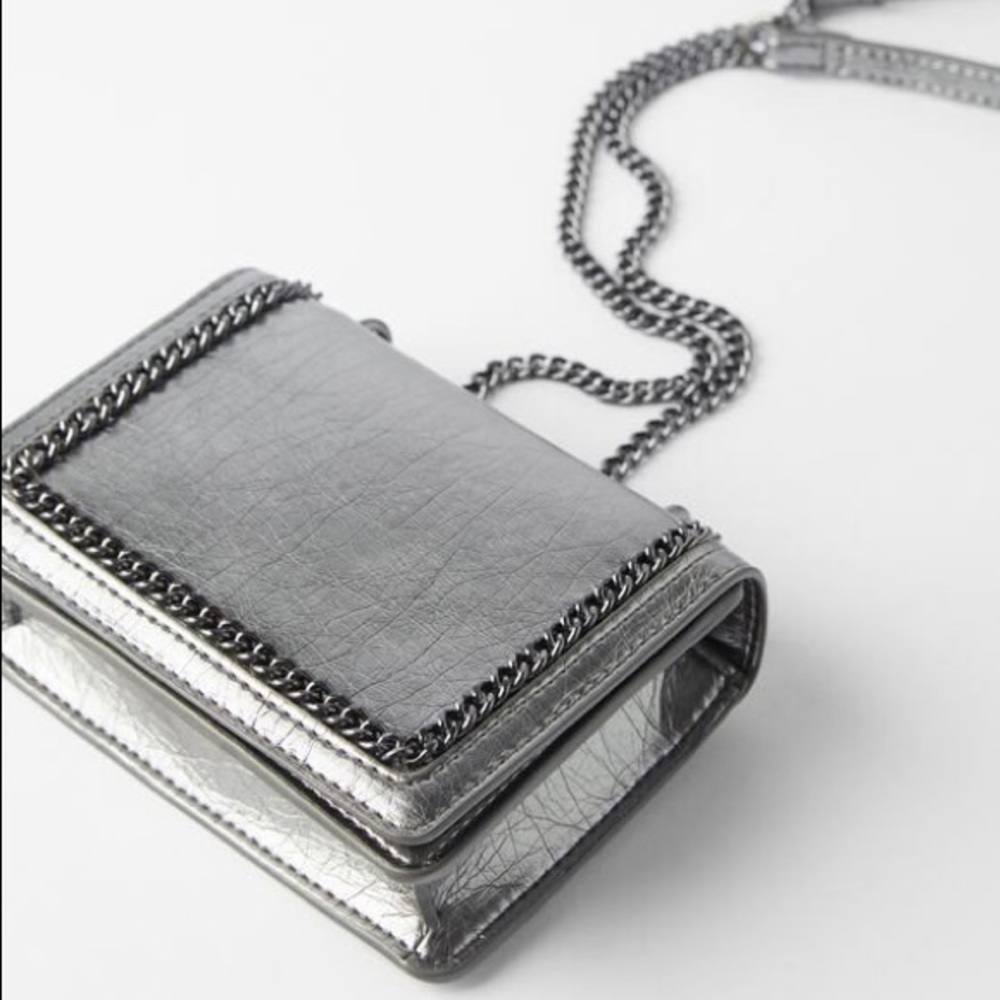 NWT Zara Silver Mini Crossbody Bag With Chain Detail